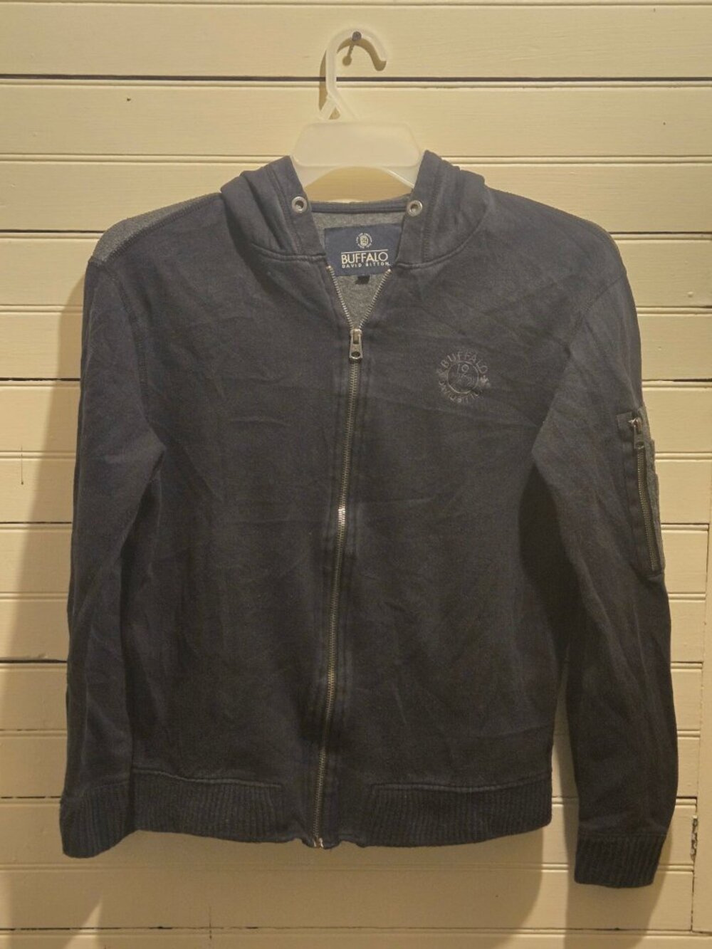 Buffalo David Bitton Hoodie Mens S Navy Gray Zip Front Hooded Sweatshirt Pocket